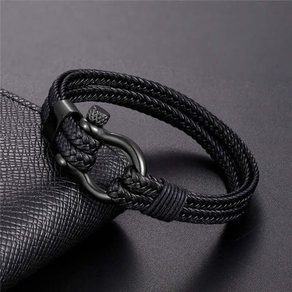 THE MEN THING Leather Bracelet HORSESHOE BUCKLE BLACK - Genuine Leather Braided Bracelet with Stainless Steel Clasp Pin for Men & Boys (8 inch)