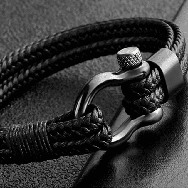 THE MEN THING Leather Bracelet HORSESHOE BUCKLE BLACK - Genuine Leather Braided Bracelet with Stainless Steel Clasp Pin for Men & Boys (8 inch)