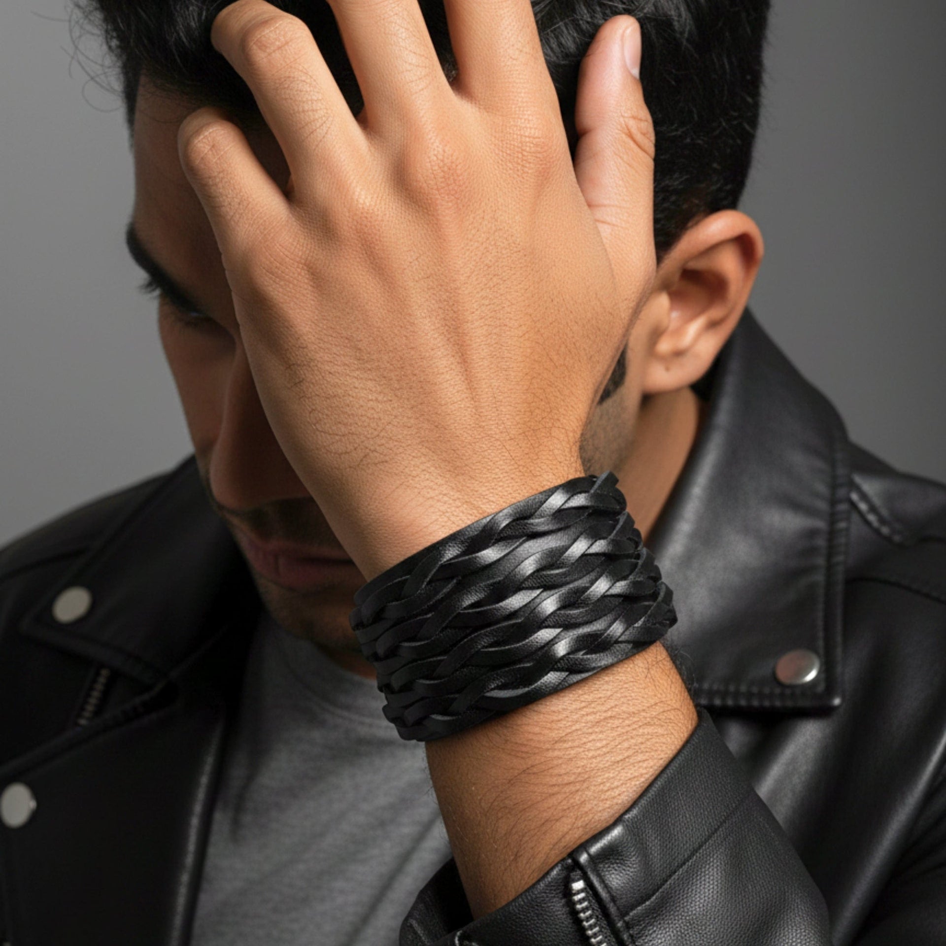 THE MEN THING Leather Bracelet INFERNO TWIST - 50.5mm Black Genuine Leather Adjustable Bracelet for Men & Boys (9 inch)