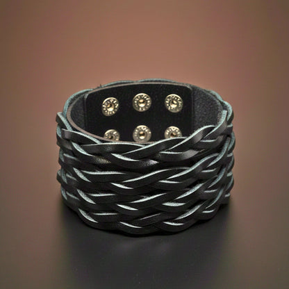 THE MEN THING Leather Bracelet INFERNO TWIST - 50.5mm Black Genuine Leather Adjustable Bracelet for Men & Boys (9 inch)