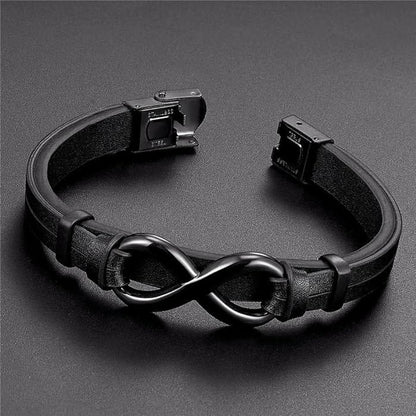 THE MEN THING Leather Bracelet INFINITY 8 BLACK - Genuine Leather Double Layer Bracelet with Stainless Steel Hook for Men & Boys (8 inch)