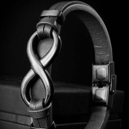 THE MEN THING Leather Bracelet INFINITY 8 BLACK - Genuine Leather Double Layer Bracelet with Stainless Steel Hook for Men & Boys (8 inch)