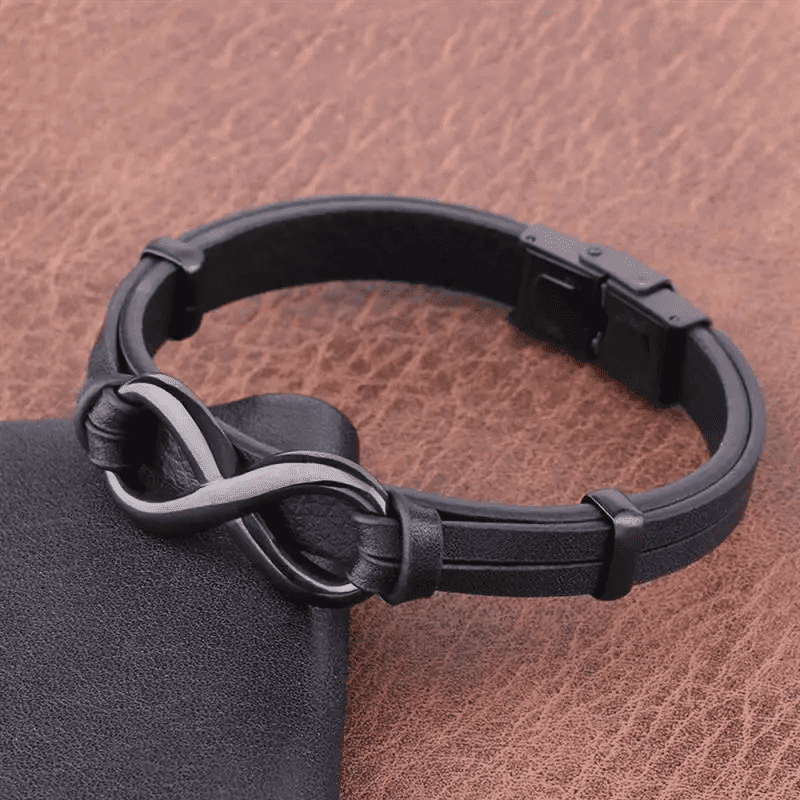 THE MEN THING Leather Bracelet INFINITY 8 BLACK - Genuine Leather Double Layer Bracelet with Stainless Steel Hook for Men & Boys (8 inch)