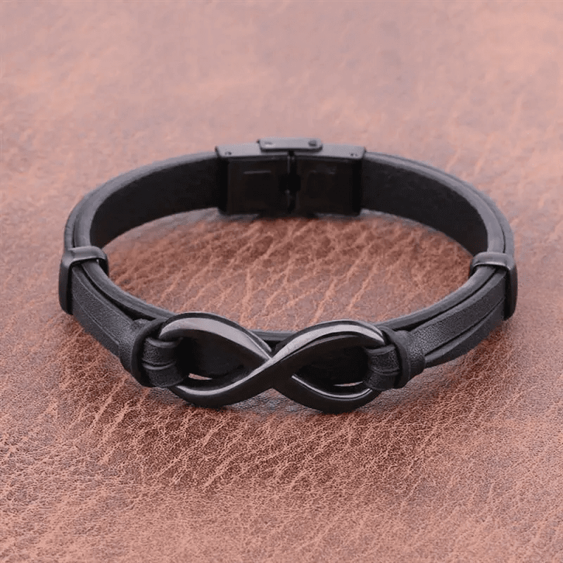 THE MEN THING Leather Bracelet INFINITY 8 BLACK - Genuine Leather Double Layer Bracelet with Stainless Steel Hook for Men & Boys (8 inch)