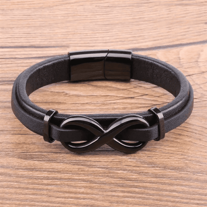 THE MEN THING Leather Bracelet INFINITY 8 BLACK - Genuine Leather Double Layer Bracelet with Stainless Steel Hook for Men & Boys (8 inch)