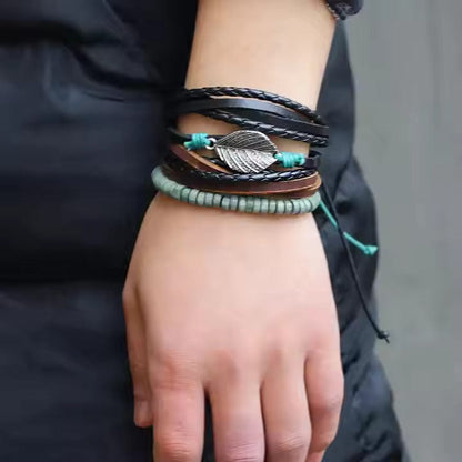 THE MEN THING Leather Bracelet IRONFANG WRAP - 3 Pcs Genuine Braided Leather Bracelet Set for Men & Boys (8 inch)