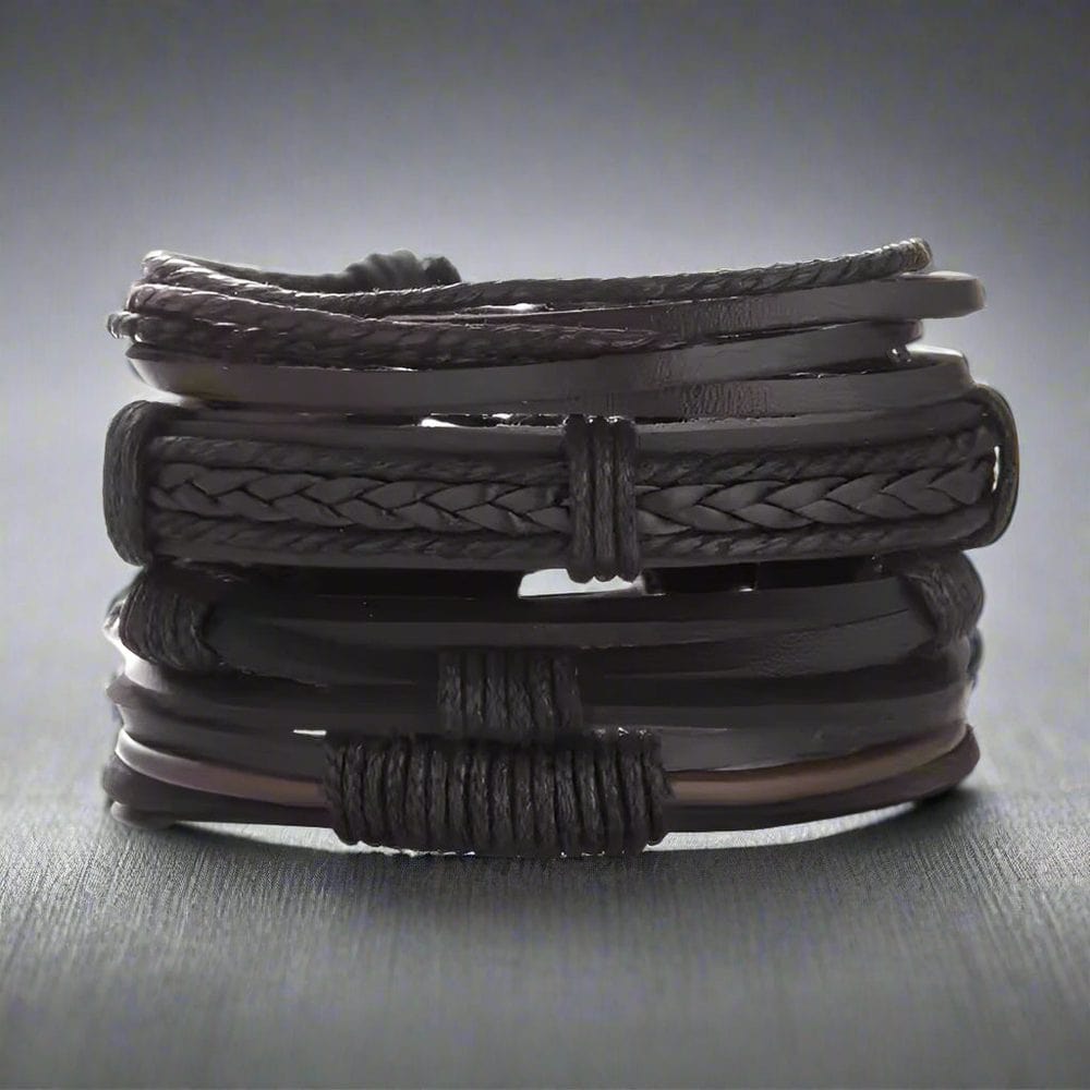 THE MEN THING Leather Bracelet JET BRAIDED -  4 Pcs Genuine Braided Leather Bracelet Set for Men & Boys (8 inch)