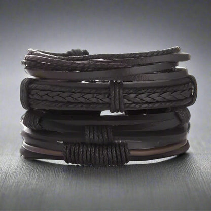 THE MEN THING Leather Bracelet JET BRAIDED -  4 Pcs Genuine Braided Leather Bracelet Set for Men & Boys (8 inch)