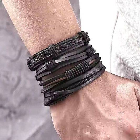 THE MEN THING Leather Bracelet JET BRAIDED -  4 Pcs Genuine Braided Leather Bracelet Set for Men & Boys (8 inch)
