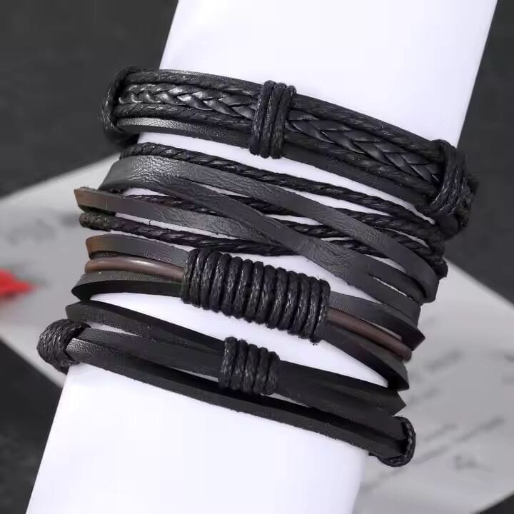 THE MEN THING Leather Bracelet JET BRAIDED -  4 Pcs Genuine Braided Leather Bracelet Set for Men & Boys (8 inch)