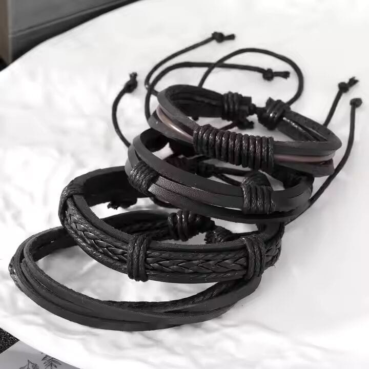 THE MEN THING Leather Bracelet JET BRAIDED -  4 Pcs Genuine Braided Leather Bracelet Set for Men & Boys (8 inch)