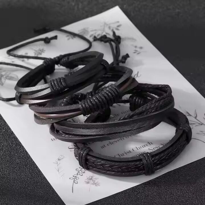 THE MEN THING Leather Bracelet JET BRAIDED -  4 Pcs Genuine Braided Leather Bracelet Set for Men & Boys (8 inch)