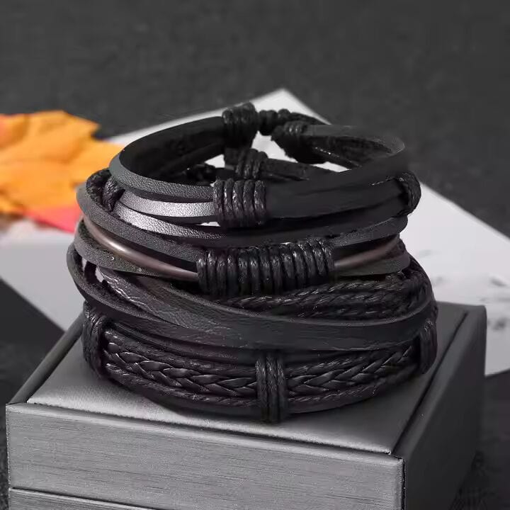 THE MEN THING Leather Bracelet JET BRAIDED -  4 Pcs Genuine Braided Leather Bracelet Set for Men & Boys (8 inch)