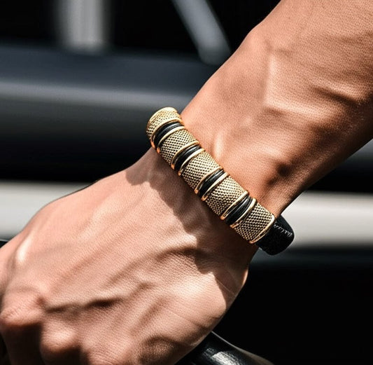 THE MEN THING Leather Bracelet KAIROS RADIANT GOLD - Genuine Leather Braided Bracelet with Stainless Steel Magnetic Buckle for Men & Boys (8 inch)