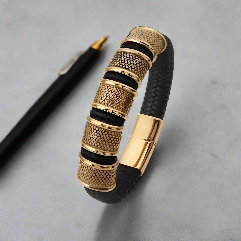 THE MEN THING Leather Bracelet KAIROS RADIANT GOLD - Genuine Leather Braided Bracelet with Stainless Steel Magnetic Buckle for Men & Boys (8 inch)