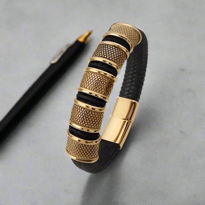 THE MEN THING Leather Bracelet KAIROS RADIANT GOLD - Genuine Leather Braided Bracelet with Stainless Steel Magnetic Buckle for Men & Boys (8 inch)