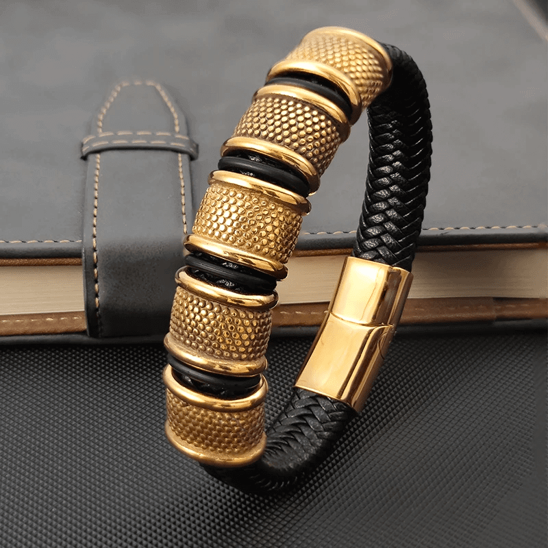 THE MEN THING Leather Bracelet KAIROS RADIANT GOLD - Genuine Leather Braided Bracelet with Stainless Steel Magnetic Buckle for Men & Boys (8 inch)