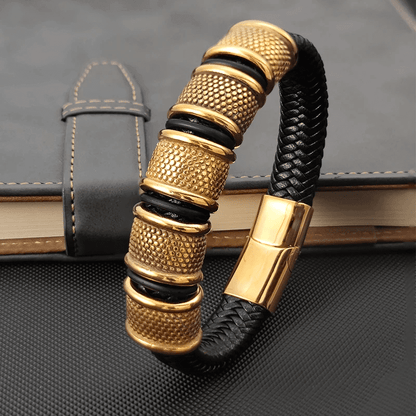 THE MEN THING Leather Bracelet KAIROS RADIANT GOLD - Genuine Leather Braided Bracelet with Stainless Steel Magnetic Buckle for Men & Boys (8 inch)