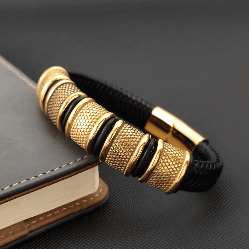 THE MEN THING Leather Bracelet KAIROS RADIANT GOLD - Genuine Leather Braided Bracelet with Stainless Steel Magnetic Buckle for Men & Boys (8 inch)