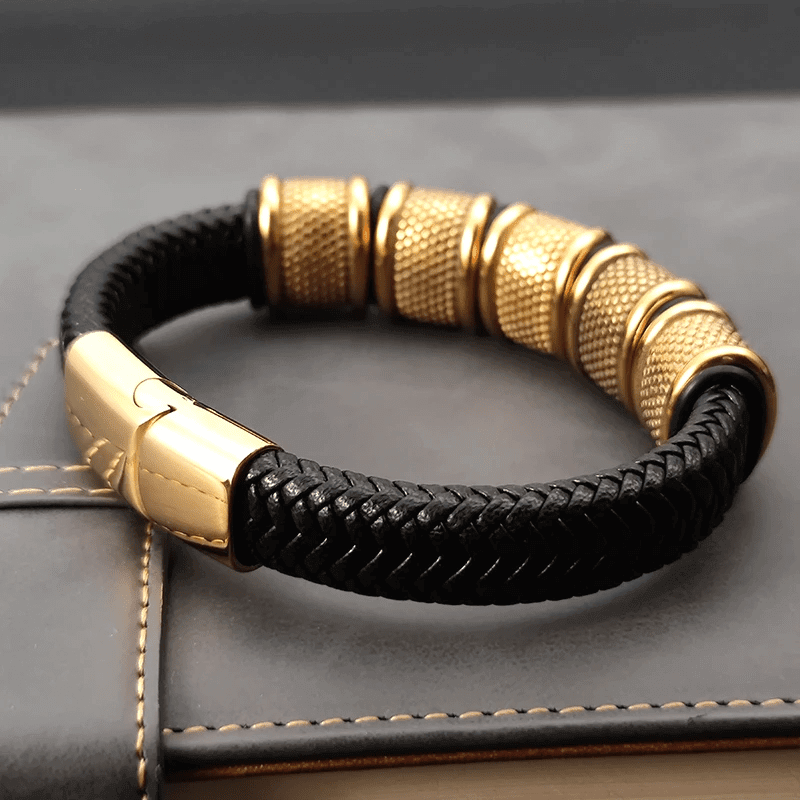 THE MEN THING Leather Bracelet KAIROS RADIANT GOLD - Genuine Leather Braided Bracelet with Stainless Steel Magnetic Buckle for Men & Boys (8 inch)