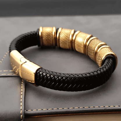 THE MEN THING Leather Bracelet KAIROS RADIANT GOLD - Genuine Leather Braided Bracelet with Stainless Steel Magnetic Buckle for Men & Boys (8 inch)