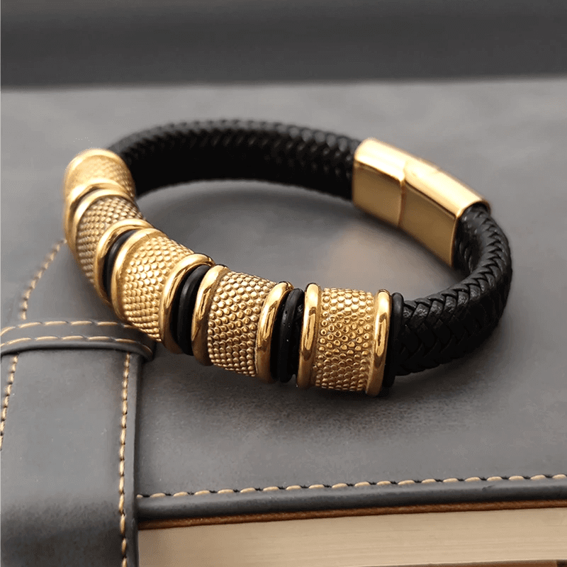 THE MEN THING Leather Bracelet KAIROS RADIANT GOLD - Genuine Leather Braided Bracelet with Stainless Steel Magnetic Buckle for Men & Boys (8 inch)
