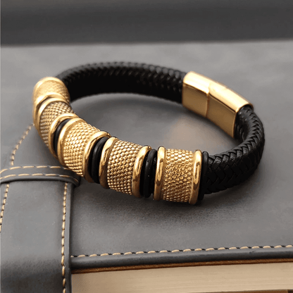 THE MEN THING Leather Bracelet KAIROS RADIANT GOLD - Genuine Leather Braided Bracelet with Stainless Steel Magnetic Buckle for Men & Boys (8 inch)