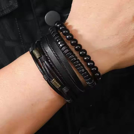 THE MEN THING Leather Bracelet LEVIATHAN WRAP - 4 Pcs Genuine Braided Leather Bracelet Set for Men & Boys (8 inch)