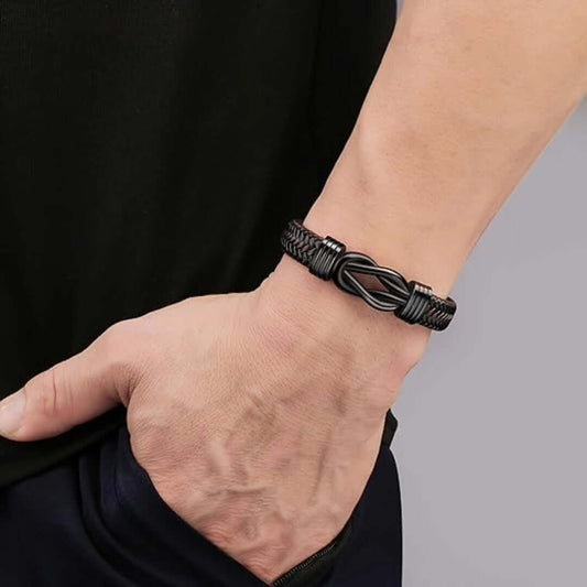THE MEN THING Leather Bracelet LOVE KNOT BROWN - Genuine Leather Braided Bracelet with Stainless Steel Magnetic Buckle for Men & Boys (8 inch)