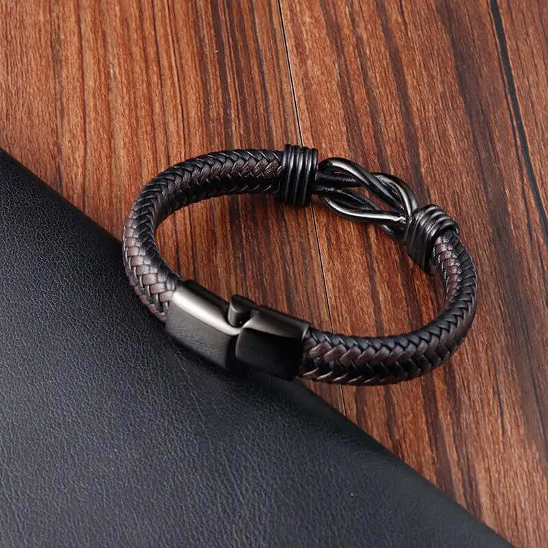 THE MEN THING Leather Bracelet LOVE KNOT BROWN - Genuine Leather Braided Bracelet with Stainless Steel Magnetic Buckle for Men & Boys (8 inch)