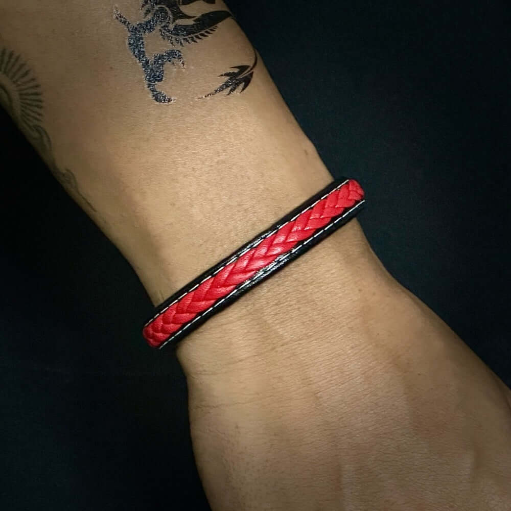 THE MEN THING Leather Bracelet LUNAR MYSTERY RED - Genuine Leather Layer Braided Bracelet with Stainless Steel Magnetic Buckle for Men & Boys (8 inch)