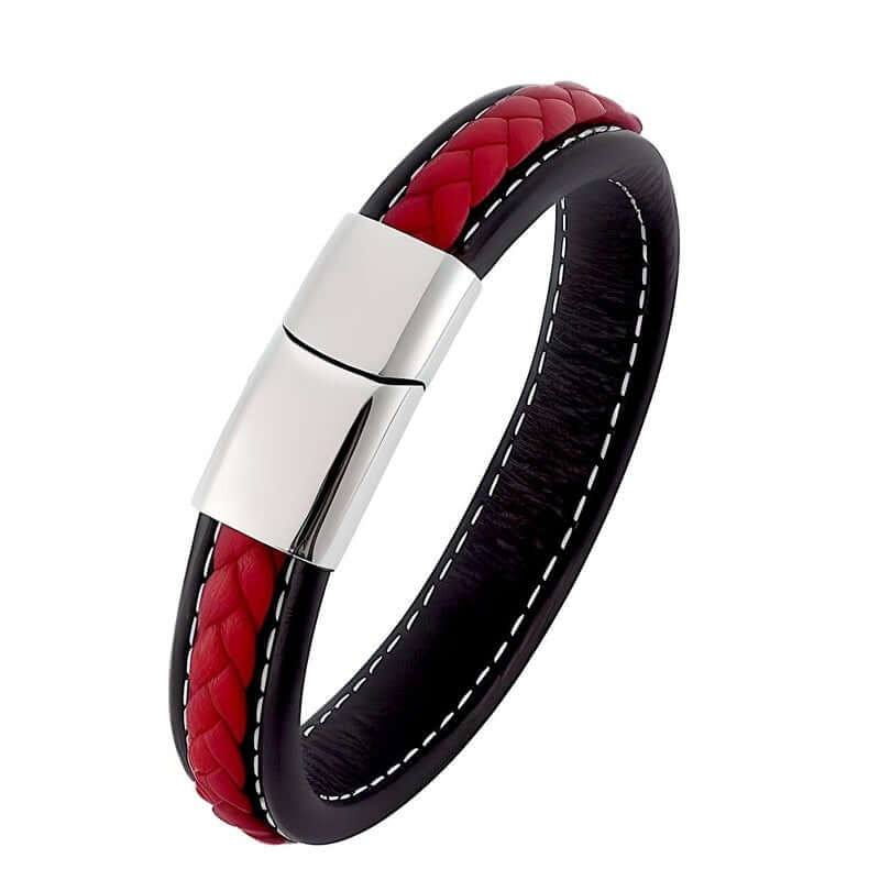 THE MEN THING Leather Bracelet LUNAR MYSTERY RED - Genuine Leather Layer Braided Bracelet with Stainless Steel Magnetic Buckle for Men & Boys (8 inch)