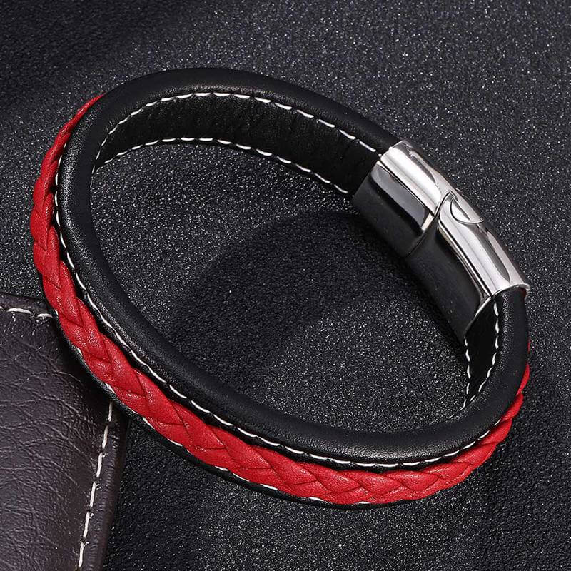 THE MEN THING Leather Bracelet LUNAR MYSTERY RED - Genuine Leather Layer Braided Bracelet with Stainless Steel Magnetic Buckle for Men & Boys (8 inch)