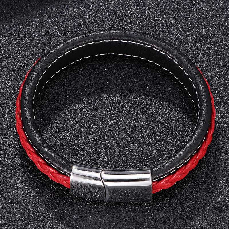 THE MEN THING Leather Bracelet LUNAR MYSTERY RED - Genuine Leather Layer Braided Bracelet with Stainless Steel Magnetic Buckle for Men & Boys (8 inch)