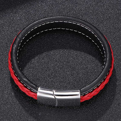 THE MEN THING Leather Bracelet LUNAR MYSTERY RED - Genuine Leather Layer Braided Bracelet with Stainless Steel Magnetic Buckle for Men & Boys (8 inch)
