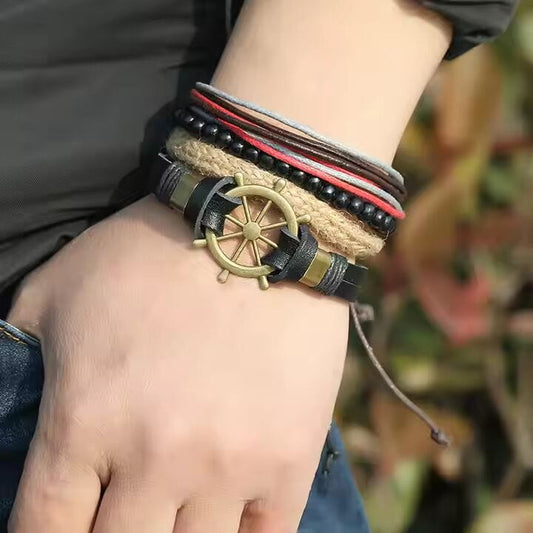 THE MEN THING Leather Bracelet MARINER’S EDGE -  4 Pcs Genuine Braided Leather Bracelet Set for Men & Boys (8 inch)