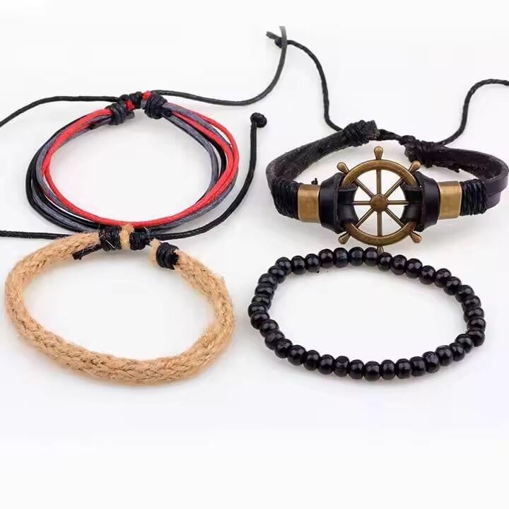 THE MEN THING Leather Bracelet MARINER’S EDGE -  4 Pcs Genuine Braided Leather Bracelet Set for Men & Boys (8 inch)