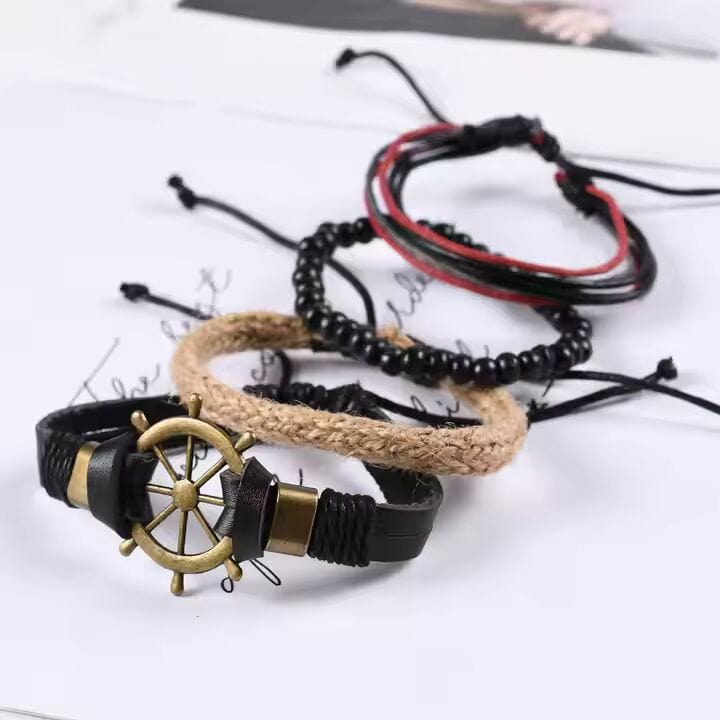 THE MEN THING Leather Bracelet MARINER’S EDGE -  4 Pcs Genuine Braided Leather Bracelet Set for Men & Boys (8 inch)