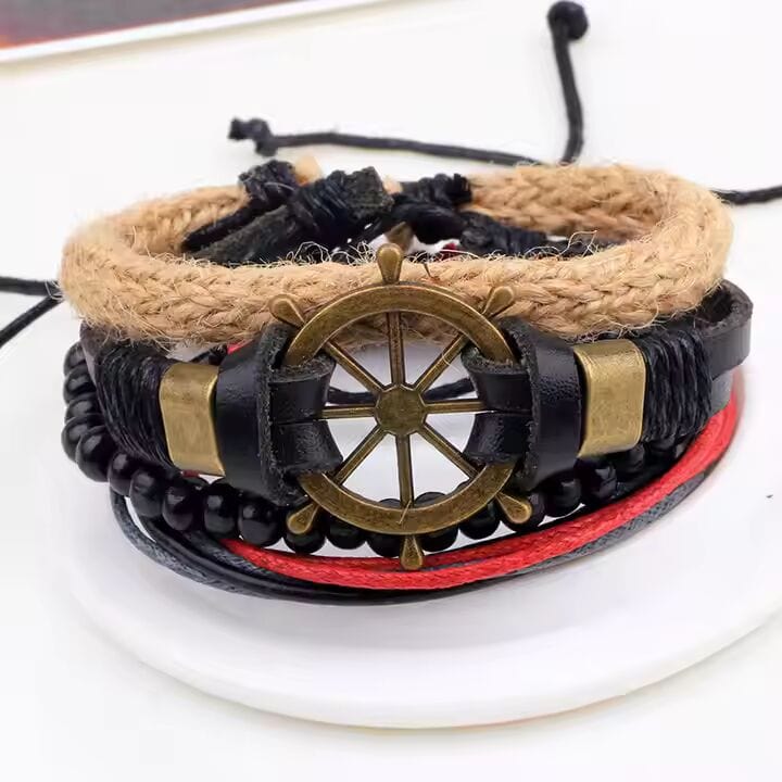 THE MEN THING Leather Bracelet MARINER’S EDGE -  4 Pcs Genuine Braided Leather Bracelet Set for Men & Boys (8 inch)