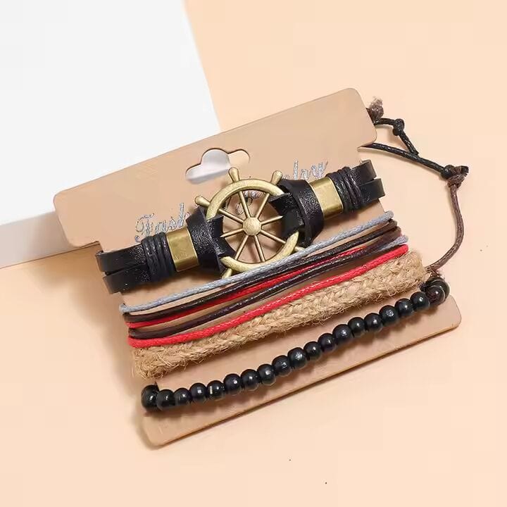 THE MEN THING Leather Bracelet MARINER’S EDGE -  4 Pcs Genuine Braided Leather Bracelet Set for Men & Boys (8 inch)