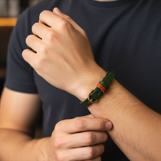 THE MEN THING Leather Bracelet MOSSTRAIL STRAP - 10mm Genuine Leather Adjustable Bracelet for Men & Boys (9 inch)