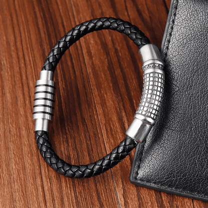 THE MEN THING Leather Bracelet MYSTIQUE BRAID BLACK - American Style Genuine Leather Bracelet with Stainless Steel Charm Magnetic Buckle for Men & Boy (8 inch)