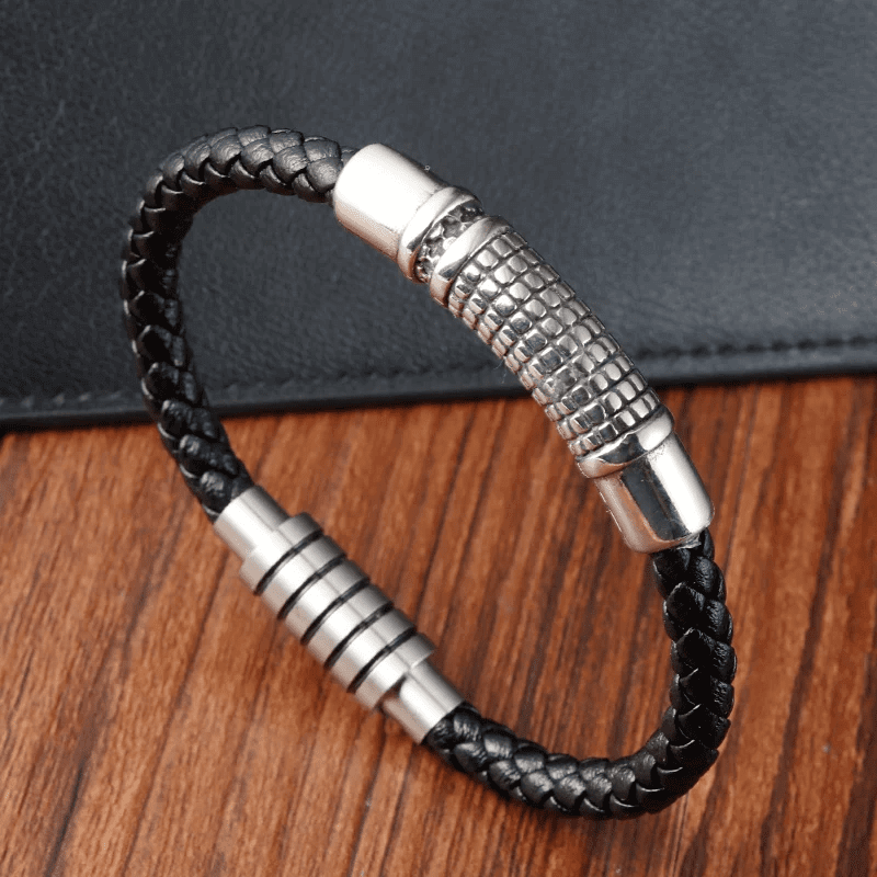 THE MEN THING Leather Bracelet MYSTIQUE BRAID BLACK - American Style Genuine Leather Bracelet with Stainless Steel Charm Magnetic Buckle for Men & Boy (8 inch)