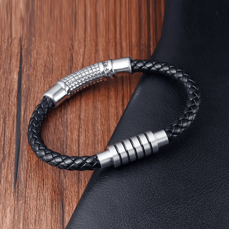 THE MEN THING Leather Bracelet MYSTIQUE BRAID BLACK - American Style Genuine Leather Bracelet with Stainless Steel Charm Magnetic Buckle for Men & Boy (8 inch)