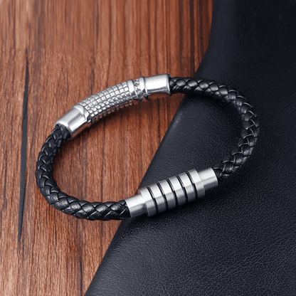 THE MEN THING Leather Bracelet MYSTIQUE BRAID BLACK - American Style Genuine Leather Bracelet with Stainless Steel Charm Magnetic Buckle for Men & Boy (8 inch)