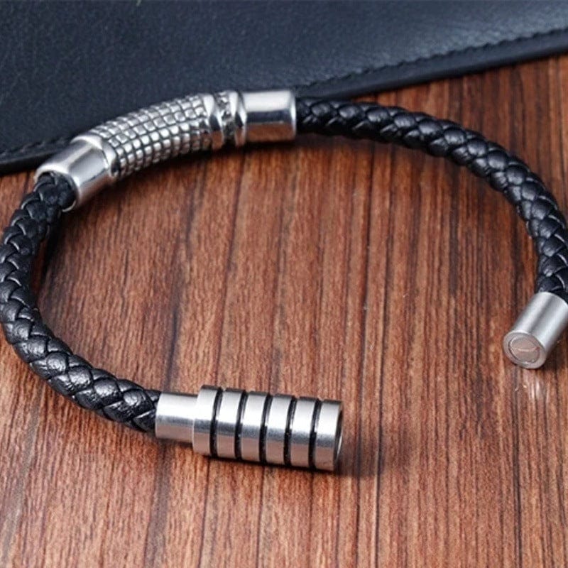 THE MEN THING Leather Bracelet MYSTIQUE BRAID BLACK - American Style Genuine Leather Bracelet with Stainless Steel Charm Magnetic Buckle for Men & Boy (8 inch)