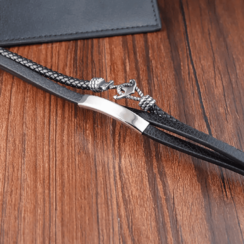 THE MEN THING Leather Bracelet NAUTICAL ANCHOR BLACK - Genuine Leather Multi-Layer Braided Bracelet with Stainless Steel Magnetic Buckle for Men & Boys (8 inch)