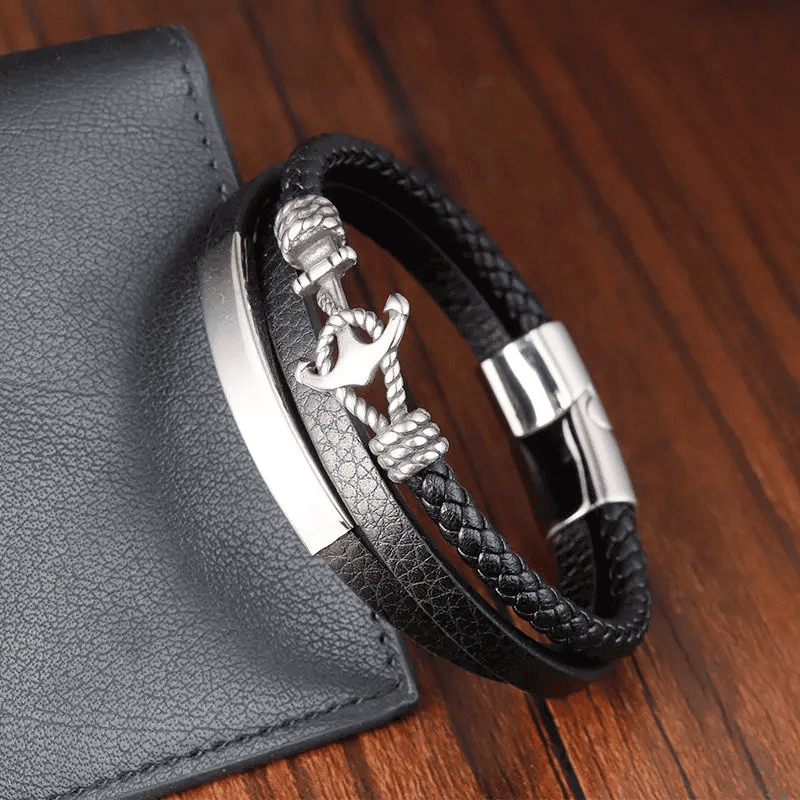 THE MEN THING Leather Bracelet NAUTICAL ANCHOR BLACK - Genuine Leather Multi-Layer Braided Bracelet with Stainless Steel Magnetic Buckle for Men & Boys (8 inch)