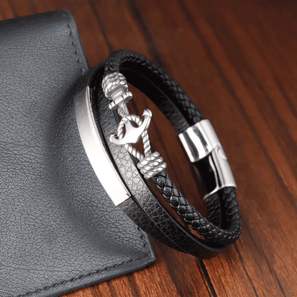 THE MEN THING Leather Bracelet NAUTICAL ANCHOR BLACK - Genuine Leather Multi-Layer Braided Bracelet with Stainless Steel Magnetic Buckle for Men & Boys (8 inch)