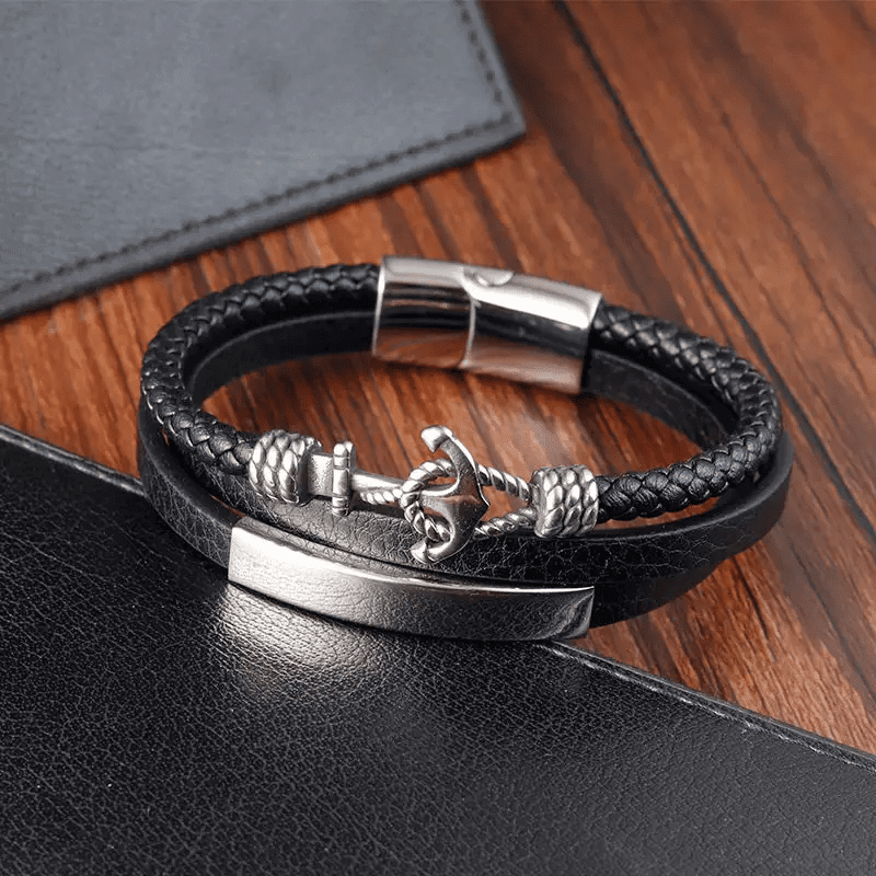 THE MEN THING Leather Bracelet NAUTICAL ANCHOR BLACK - Genuine Leather Multi-Layer Braided Bracelet with Stainless Steel Magnetic Buckle for Men & Boys (8 inch)